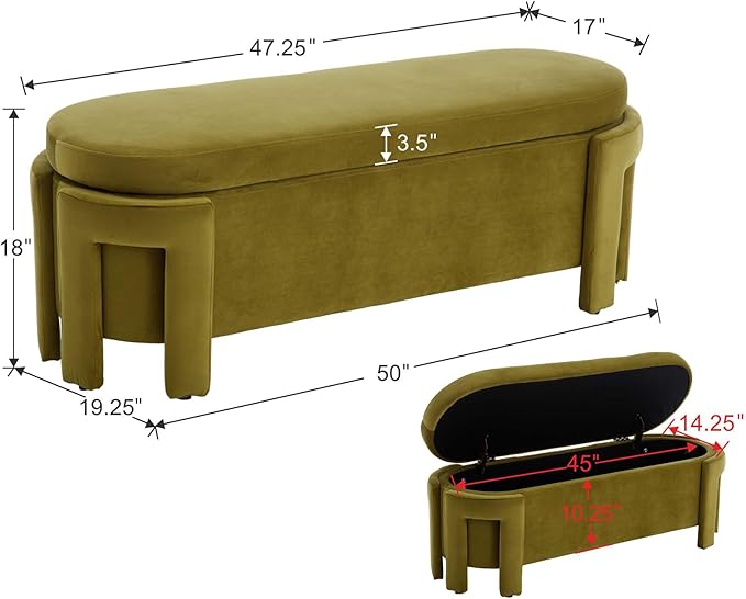 Modern Upholstered Storage Bench, Velvet Fabric 50" Long Entryway Bench with Storage and Seating, Comfy Cute Ottoman Bench for Living Room/End of Bed/Hallway, Olive Green-Ruum Studio Home
