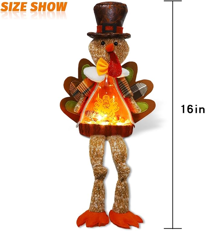 Lighted Christmas Doll, Plush Light Up Christmas Doll Toy Holiday Present, Battery Operated Xmas Gifts Winter Mantle Tabletop Decor (Brown Thanksgiving Turkey 16in)-Ruum Studio Home