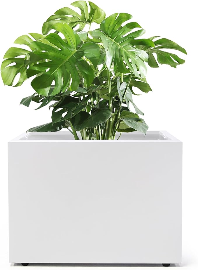 Metal Planter Box Rectangular Block-No Installation Required Galvanized Steel Long Box Planter Modern Outdoor Planters All-Weather Use with Drainage Holes for Patio/Porch,16 ×12×12IN（White）-Ruum Studio Home