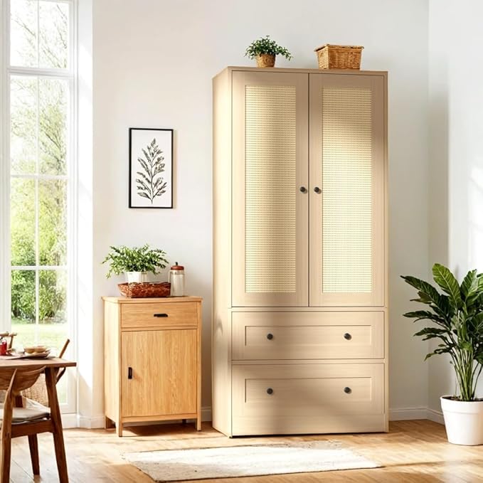 Rattan Oak Kitchen Pantry, 64.2" Tall Storage Cabinet with Doors and Drawers, Freestanding Wooden Storage Organizer for Kitchen, Dining Room-Ruum Studio Home