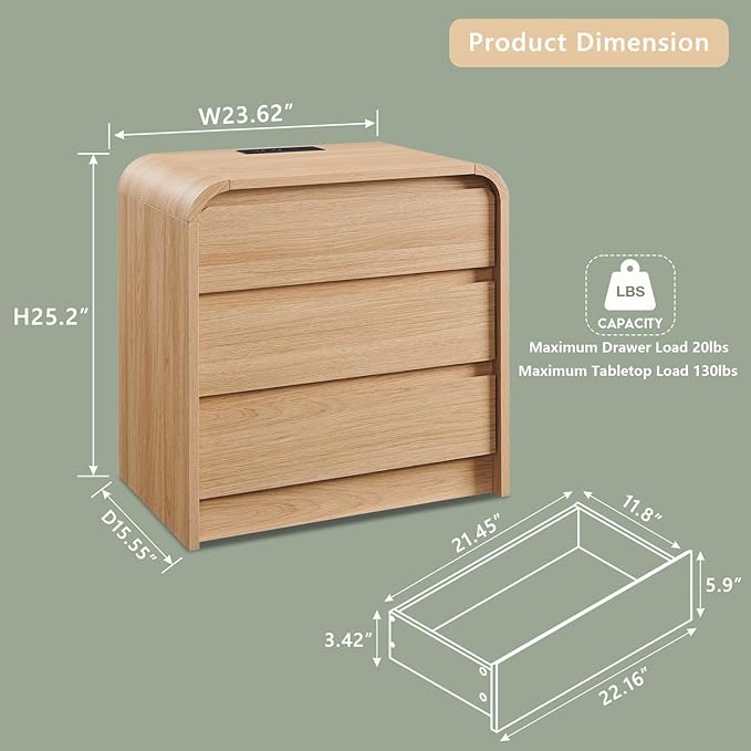 25" Tall Modern Nightstand with Charging Station, 23.6'' Wide Wood Bedside Table w/3 Storage Drawers, Small Dresser w/Curved Profile Design, End Table for Bedroom, Natural Oak-Ruum Studio Home