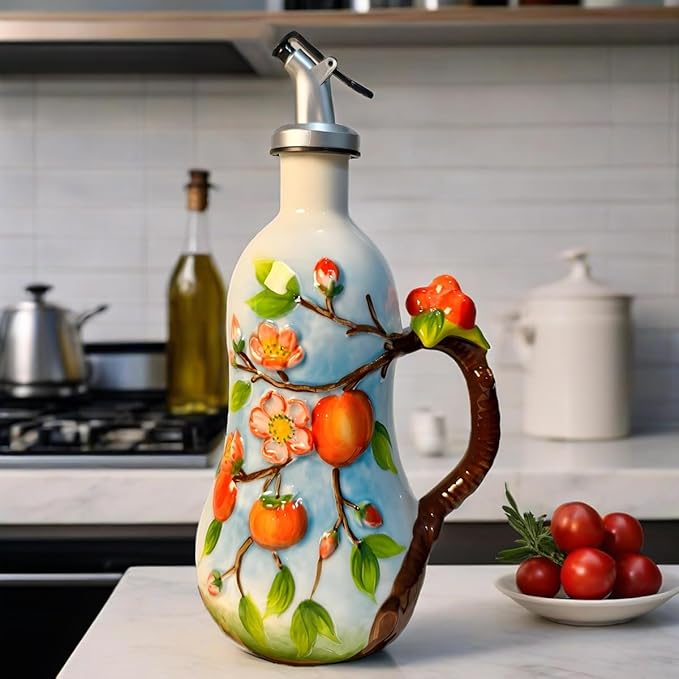 18 Oz Hand Painted Relief Ceramic Olive Oil Bottle Dispenser for Kitchen, Oil and Vinegar Bottle, Seasoning Bottle with Stainless Steel Nozzle, 540mL Oil Container with Handle for Cooking, Light Proof-Ruum Studio Home