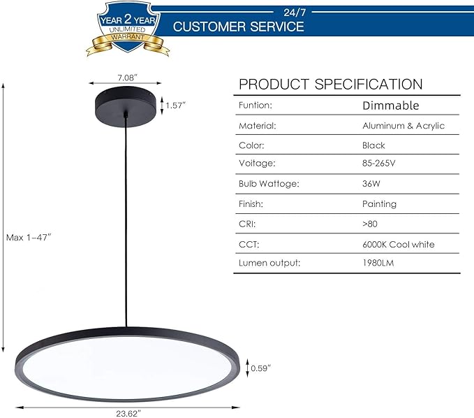 MADEM Modern LED Pendant Light 23.6'' Disc Chandelier Hanging Lighting Fixture with Acrylic Shape Dimmable Office Chandelier 6000K for Office Room Football Bedroom Decor Kitchen Island, Black-Ruum Studio Home