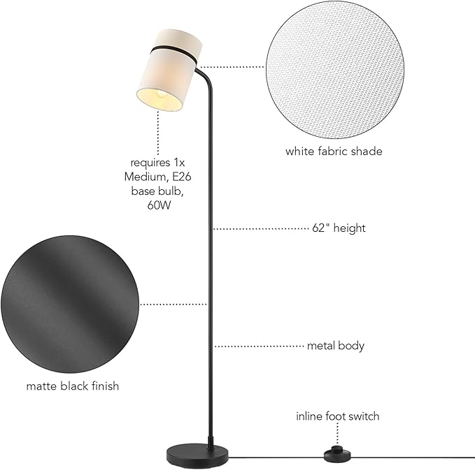 GLOBE Electric 61000145 62" Floor Lamp, Matte Black, White Fabric Shade, in-Line of/Off Foot Switch, 6-Foot Black Cord, Reading Light, Bedroom, Living Room, Home Decor-Ruum Studio Home