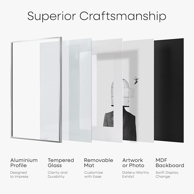 Homeforia A2 Poster Frame Silver, High End Metal A2 Picture Frames Silver with Mat A3 Print, 16.5x23.4 Frames Matted to 11.7x16.5 Photo, 16.5 by 23.5 Hanging Frames, Tempered Glass, Wall Kit, Set of 1-Ruum Studio Home