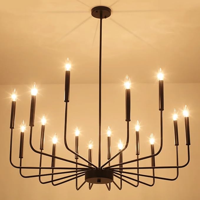 Modern Black Farmhouse Chandeliers, 16-Light Industrial Metal Chandelier Lighting, Classic Candle Hanging Pendant Light Fixtures for Kitchen Island, Living Room, Dining Room, Stair-Ruum Studio Home
