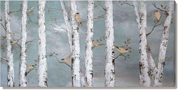 amatop Teal Wall Art 100% Hand-Painted Landscape Forest Oil Painting on Canvas Original Framed Artwork Gold Bird Birch Tree Artwork White Birch at Night for Living Room Bedroom Office Decor 32x16inch-Ruum Studio Home