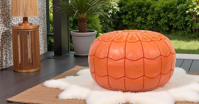 Stuffed Arch Design Moroccan Leather Pouf Ottoman, Handmade, Pre-Filled, 100% Genuine Leather, 14” Height x 22” Diameter – Boho Chic Footstool & Living Room Décor (Orange)-Ruum Studio Home