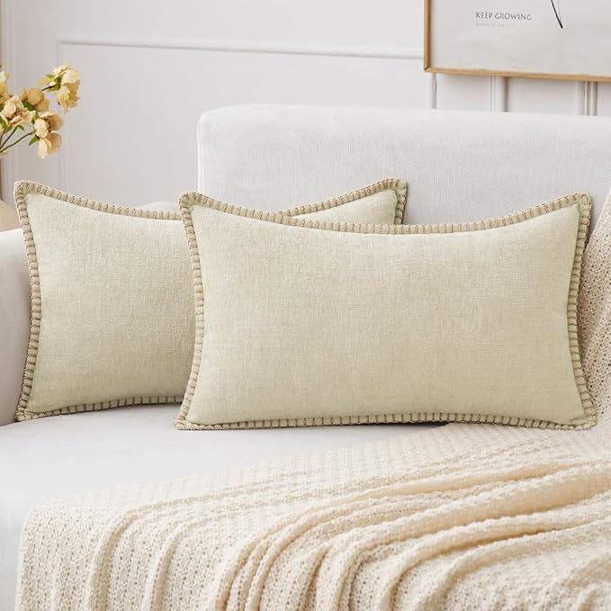 MIULEE Pack of 2 Christmas Pillow Covers 12x20 Inch Cream White Farmhouse Decorative Throw Pillow Covers with Stitched Edge Soft Chenille Solid Dyed Couch Pillow Covers for Sofa Bed Living Room-Ruum Studio Home