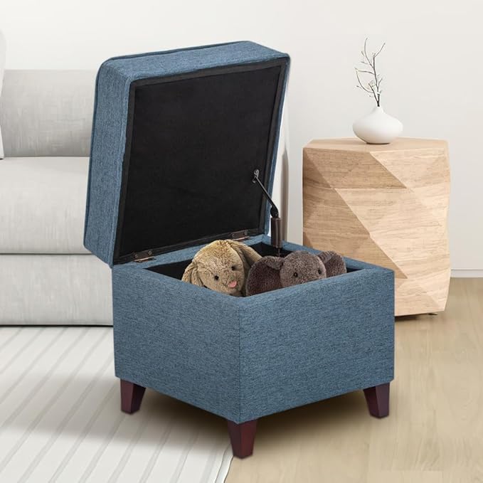 Adeco 17" Square Ottoman with Storage, Small Blue Storage Ottoman Foot Rest with Hinged Lid & Solid Wood Legs, Linen Fabric Foot Stool for Living Room & Bedroom-Ruum Studio Home