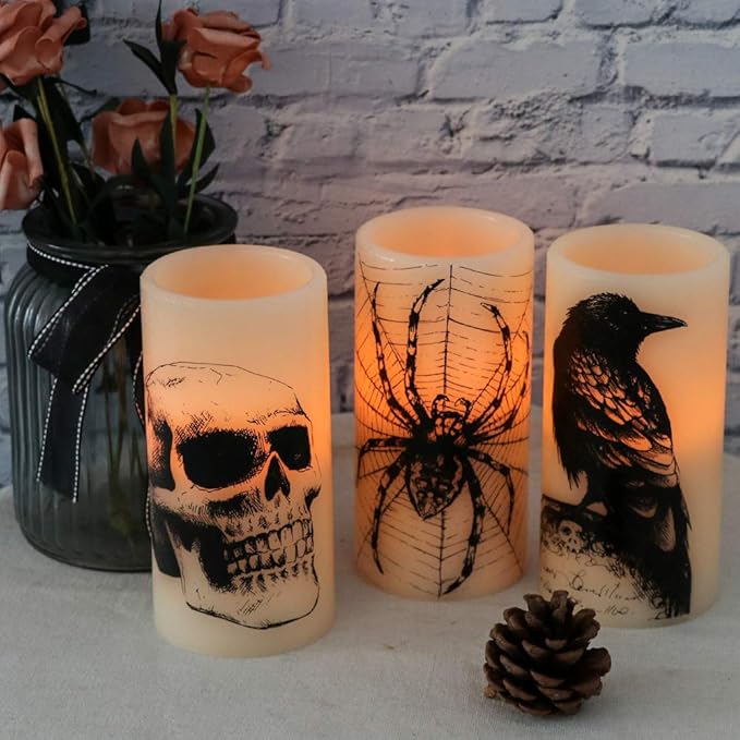 Wondise Halloween Flickering Flameless Candles with 6hrs Timer, Battery Operated LED Real Wax Candles Set of 3 Skull, Spider Web, Crow Raven Decals Halloween Home Decoration Gifts(3 x 3 x 6 Inch)-Ruum Studio Home