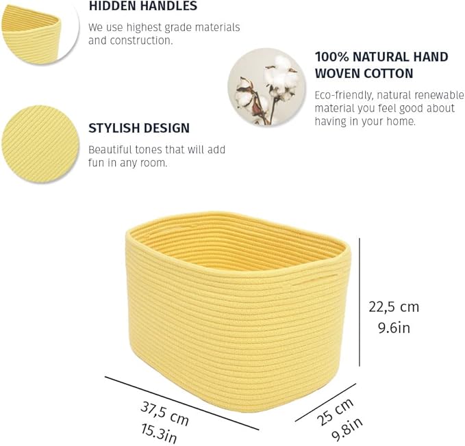 OrganiHaus Yellow Basket for Shelves, Decorative Cloth for Organizing, Cotton Rope Storage Basket for Toys, Small Woven Baskets for Storage-Ruum Studio Home