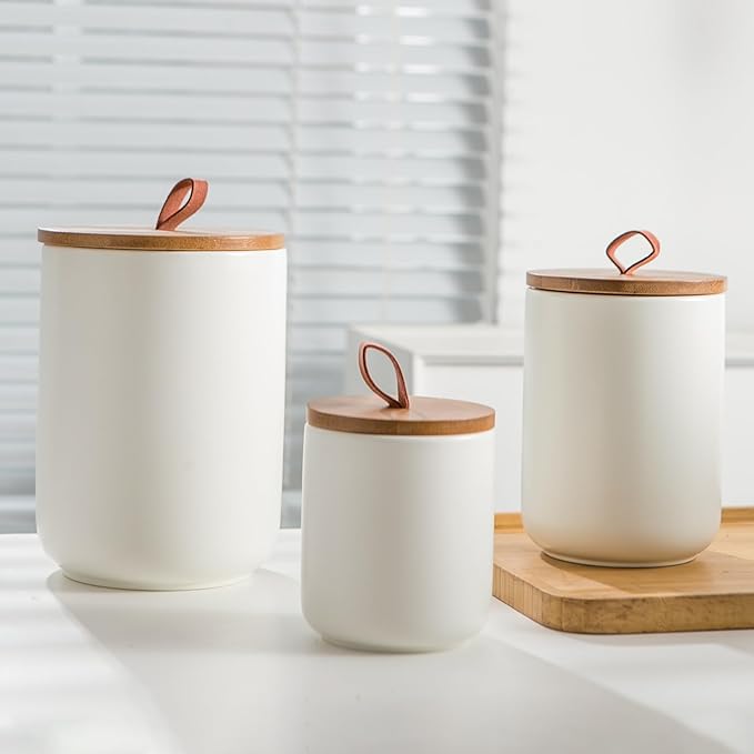 White Ceramic Canister Set with Wooden Lid, 3-Piece Food Storage Jars for Kitchen Counter, Storage Container for Coffee, Tea, Spice, Sugar, Grains, Salt-Ruum Studio Home