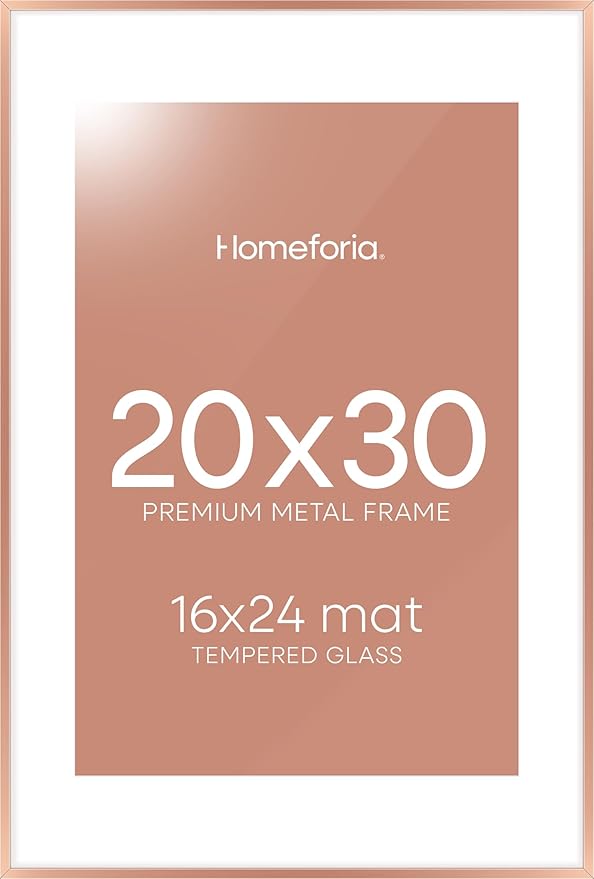Homeforia 20x30 Frame Rose Gold, High End Metal 20x30 Picture Frames with Mat 16x24 inch Photo, 20 x 30 Rose Gold Poster Frame Matted to 16 by 24, 30x20 Large Frame, Tempered Glass, Wall Kit, Set of 1-Ruum Studio Home