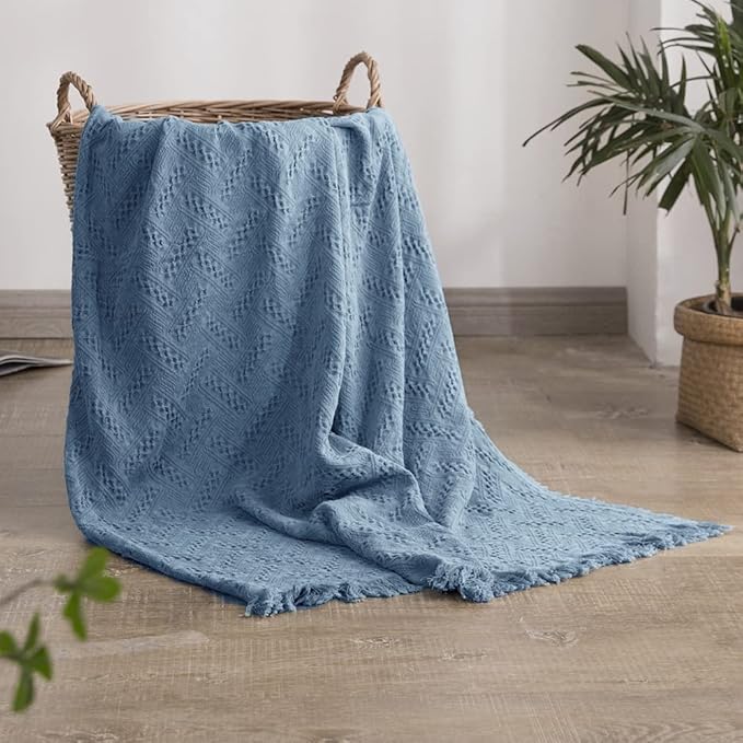 Simple&Opulence 100% Cotton Throw Blanket for Bed, Couch, Boho Luxury Geometric Knit Woven Blanket with Tassels Soft Lightweight Cozy Breathable, Vintage Farmhouse Decoration for All-Season(Blue)-Ruum Studio Home