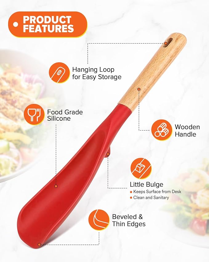 Cooking Spoon and Scraper for Nonstick Cookwares, Great for Cooking and Serving Durable BPA-Free Matte Silicone, Wood Handle Multifunction Spoon for Mixing, Scoop, and Scrape (RED)-Ruum Studio Home