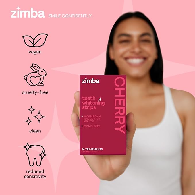 New Zimba Cherry Flavored Teeth Whitening Strips | Vegan, Enamel Safe Hydrogen Peroxide Teeth Whitener for Coffee, Wine, Tobacco, and Other Stains | 14 Day Treatment | Cherry-Ruum Studio Home