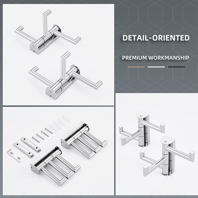 Angle Simple Swivel Towel Hooks for Bathroom, SUS 304 Stainless Steel Foldable 3 Arms Hand Towel Holder, Coat Wall Hooks, Polished Chrome, 2 Pack-Ruum Studio Home