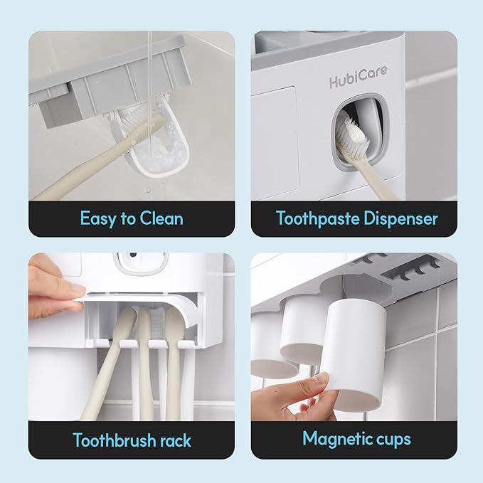 HubiCare Toothbrush Holder with Toothpaste Dispenser Wall Mounted for Bathroom, Automatic Toothpaste Squeezer, Bathroom Organization and Storage, 5 Toothbrush Slots (3 Cups)-Ruum Studio Home