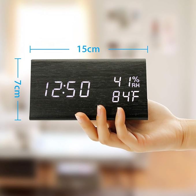 OCT17 Wooden Alarm Clock, Smart LED Digital Clock for Bedroom/desks, Upgraded with Time Temperature, Adjustable Brightness and Voice Control, Humidity Displaying - Black-Ruum Studio Home