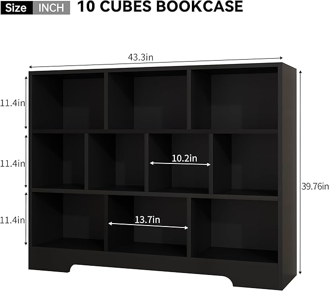 Book Shelf Set of 2, 10 Cubes Storage Organizer, 3-Tier Open Bookshelf Wooden Bookcase, Freestanding Black Bookshelf Cube Shelf for Bedroom, Living Room, Home Office-Ruum Studio Home