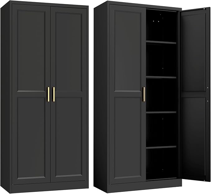 Kitchen Pantry Cabinet,71”Black Metal Pantry Storage Cabinet with Doors and 4 Adjustable Shelves,Kitchen Cabinet with 2 Gold Handles,Tall Cabinet for Livingroom,Pantry, Bathroom-Ruum Studio Home