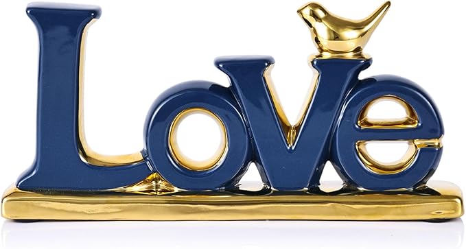 Love Sign Decoration,Blue and Gold Love Signs for Home Decor Statue,Modern Bird Sculpture Personalized Love Decor,Gold Style Figurine Decorative Ornaments for Living Room,Bedroom,Desktop,Cabinets-Ruum Studio Home