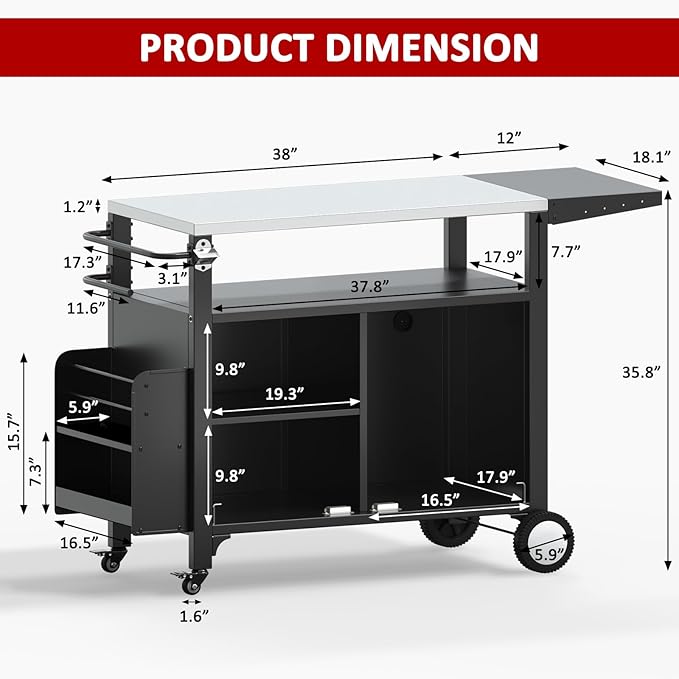 Outdoor Grill Cart with Wheels, Outdoor Kitchen Bar Cart Mobile BBQ with Foldable Stainless Steel Top & Storage Cabinet-Ruum Studio Home