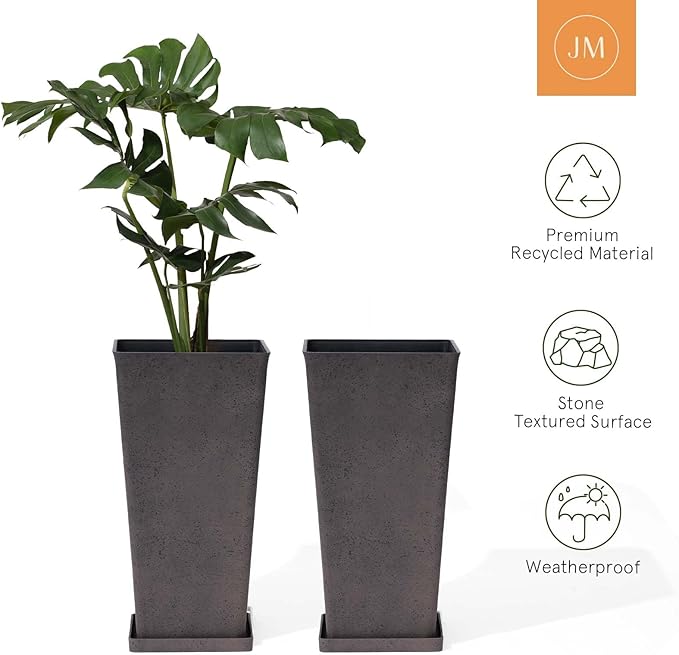 LA JOLIE MUSE 26 inch Tall Planters for Outdoor Plants,Set of 2 Tapered Planters with Trays,Iron Plastic Rectangular Tall Planters for Front Door, Patio and Deck, 26'' Iron With Tray-Ruum Studio Home