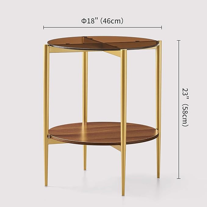 Round Glass End Table, Mid-Century Modern Design Sofa Table for Living Room, D18 x H23, 2-Tier Structure, Amber Glass Top and Walnut Shelf, Sleek Conical Legs with Gold Finish Frame-Ruum Studio Home