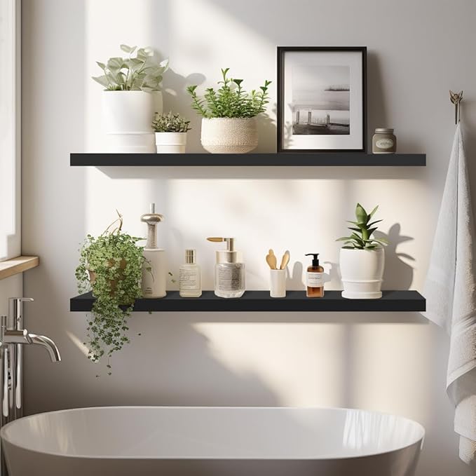 LaVie Home Floating Shelves, 36 Inch Wall Shelf Set of 2, Hanging Shelf with Invisible Brackets, Wall Decor for Bathroom, Bedroom, Living Room, Kitchen Storage, Classic Black-Ruum Studio Home