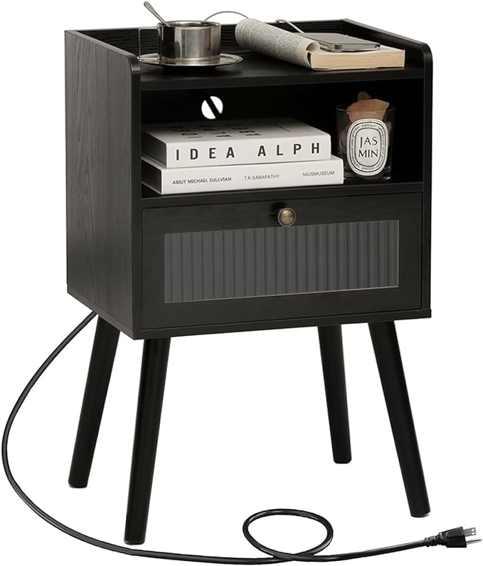 AWASEN Black Nightstand with Charging Station, Modern Bedside Table with Glass Decorative Drawer, Small End Table Side Table with 2 Tiers Storage Space, for Bedroom, Office and Small Space (Black)-Ruum Studio Home