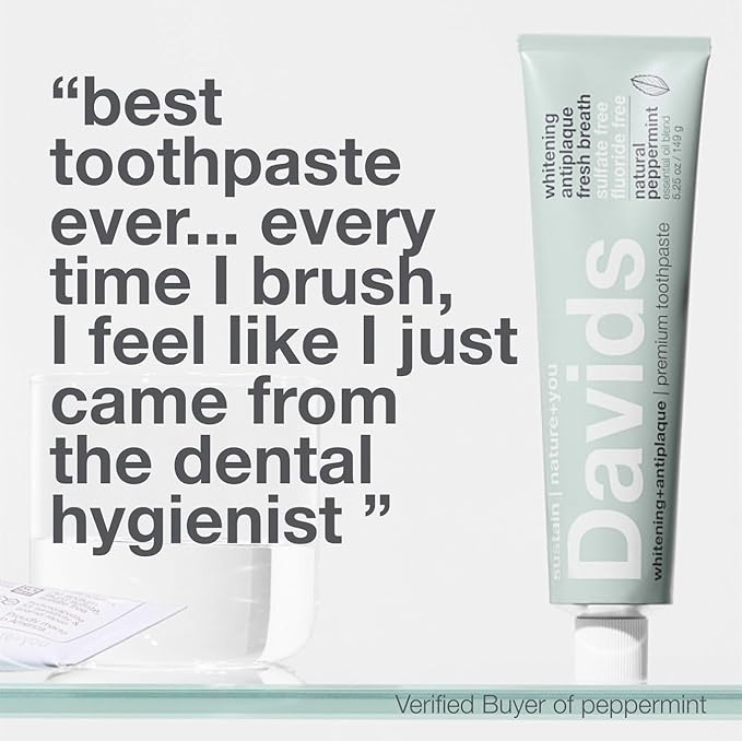Davids Fluoride Free Toothpaste, Teeth Whitening, Antiplaque, SLS (Sulfate) Free, Promotes Enamel Health, Mouth & Gum Detox, EWG Verified, Natural Peppermint, 5.25oz (3 Pack)-Ruum Studio Home