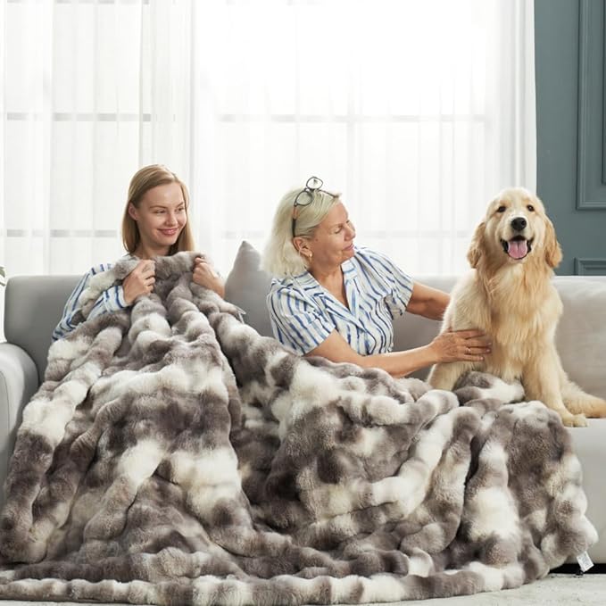Cozy Bliss Faux Fur Throw Blanket for Couch, Fuzzy Soft Plush Thick Bubble Blanket for Sofa Bedroom Living Room, 108 * 90 Inches Tie Dye Taupe-Ruum Studio Home