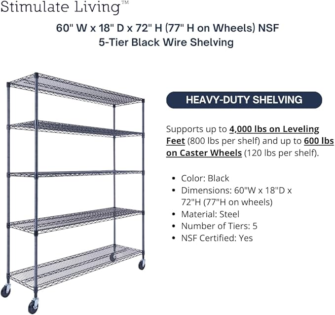 60"x18"x72" Prime Heavy Duty Black 5-Tier Wire Shelving NSF 4000 LBS MAX Capacity Storage Rack for Commercial, Hospital, School, Garage, and Kitchen Uses (with Wheels)-Ruum Studio Home