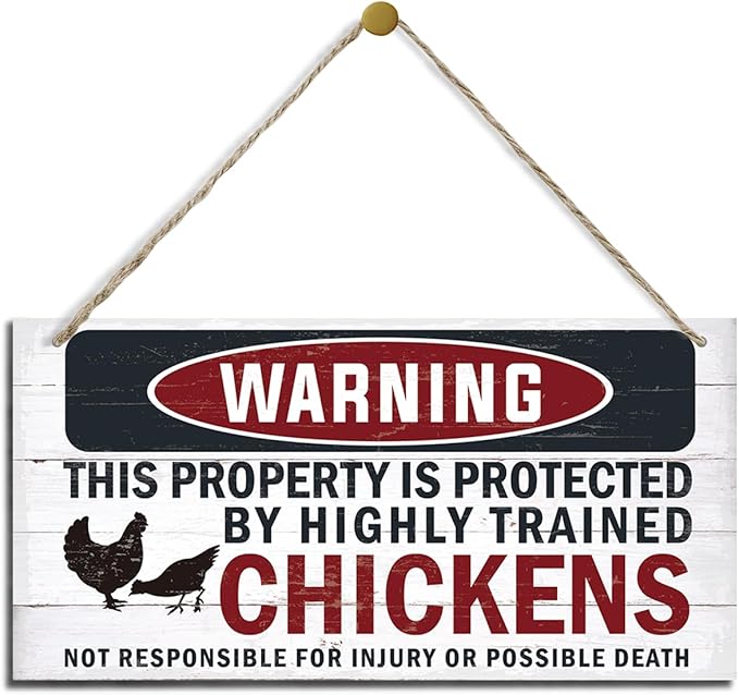 Funny Warning Signs, The Property is Protected By Highly Trained Chicken Sign, Decorative Wood Hanging Wood Plaque, Farmhouse Home Garden Yard Decor, Door Gate Hanger, Chicken Farm Decor-Ruum Studio Home