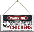 Funny Warning Signs, The Property is Protected By Highly Trained Chicken Sign, Decorative Wood Hanging Wood Plaque, Farmhouse Home Garden Yard Decor, Door Gate Hanger, Chicken Farm Decor-Ruum Studio Home