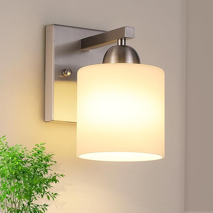Brushed Nickel Milk Glass Wall Sconces, 1 Pack Hardwired Indoor Wall Light Fixtures for Living Room, Hallway, Bedroom, Ceramic E26 Sockets (Bulbs Not Included)-Ruum Studio Home