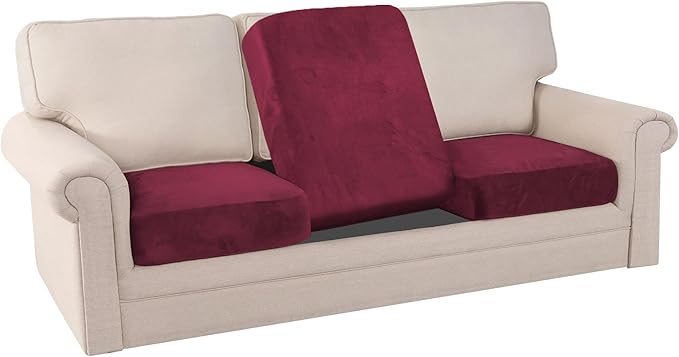 PrinceDeco Stretch Couch Cushion Covers Fitted Individual Seat Couch Slipcover Sets Velvet Fabric Soft Slip Cover for Chair Sofa Cushion Furniture Protector(Each Width Up to 29.5",Burgundy)-Ruum Studio Home