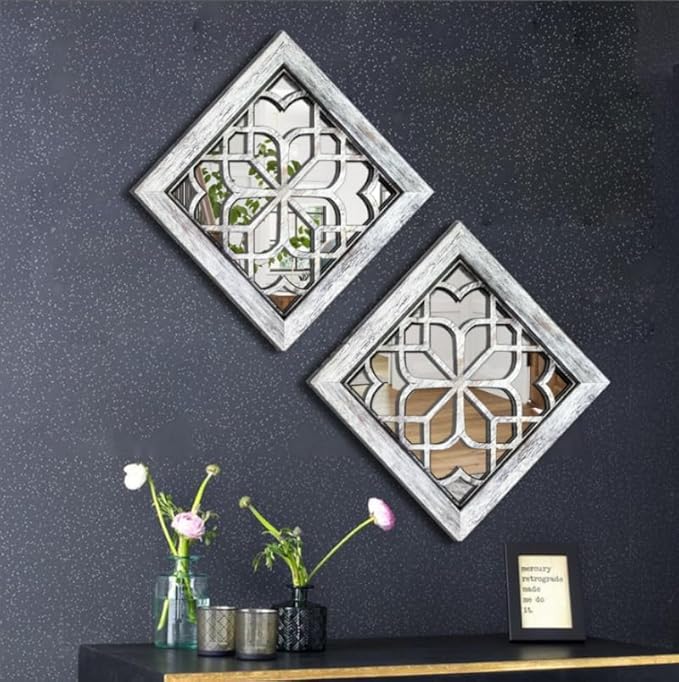 Boho Square Wall Mirrors Set of 2-12" x12'Decorative Mirrors for Wall Decor, BrownHandcrafted Mirror Panels Perfect for LivingRoom Bedroom Entryway Hallway (Grey)-Ruum Studio Home