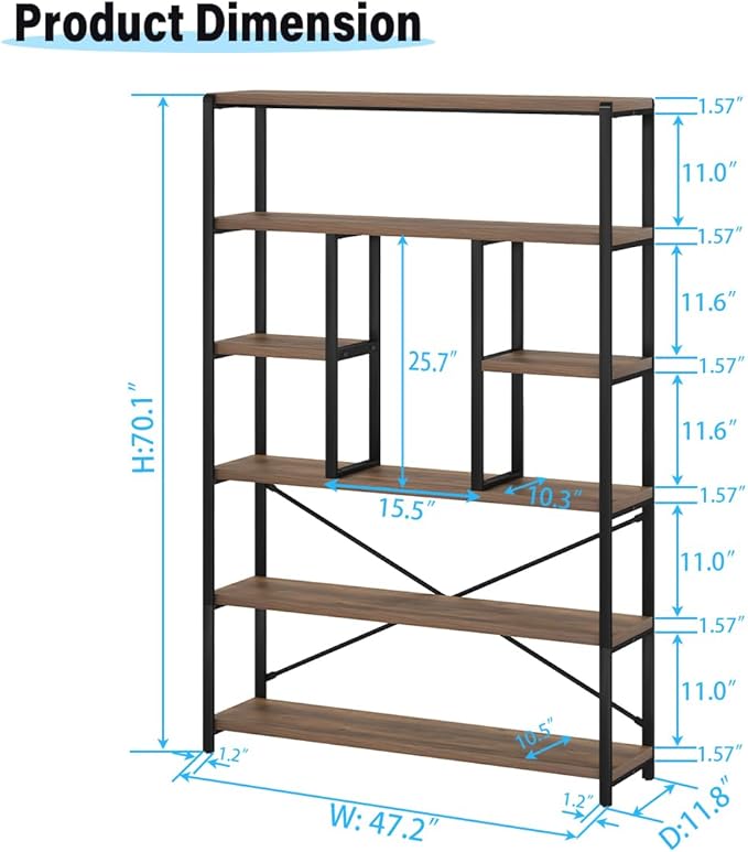LVB Tall Industrial Etagere Bookcase, Modern Wood Large Open 6 Tier Bookshelf, Vintage Wide Metal Book Shelf Organizer, Farmhouse Book Shelves for Bedroom Living Room Home Office Storage, Rustic Oak-Ruum Studio Home