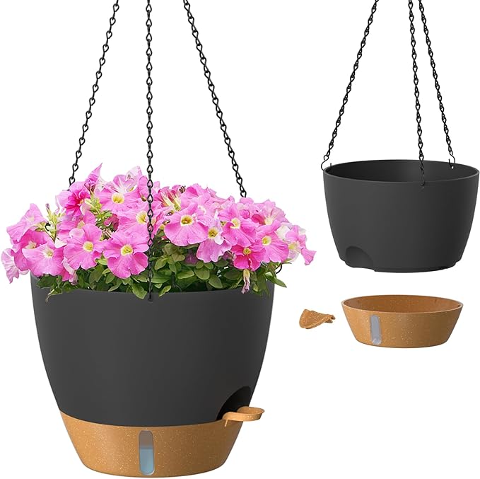 ZMTECH 12 Inch Hanging Planters for Indoor Outdoor Plants, 2 Pack Self Watering Hanging Plant Pots with Drainage Hole, Visual Reservoir, Plastic Flower Hanging Pots with Watering Lip (Black)-Ruum Studio Home