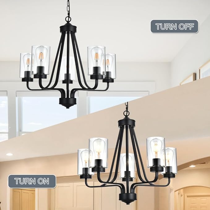 5-Lights Modern Chandelier with Clear Glass Shades, Black Farmhouse Pendant Lighting for Dining Room Kitchen Island Ceiling Light Fixture Haning Over Table-Ruum Studio Home
