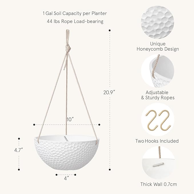 LA JOLIE MUSE 10 Inch Hanging Planters for Indoor Plants, Outdoor Garden Planter Pots, White, Honeycomb, Set of 2-Ruum Studio Home