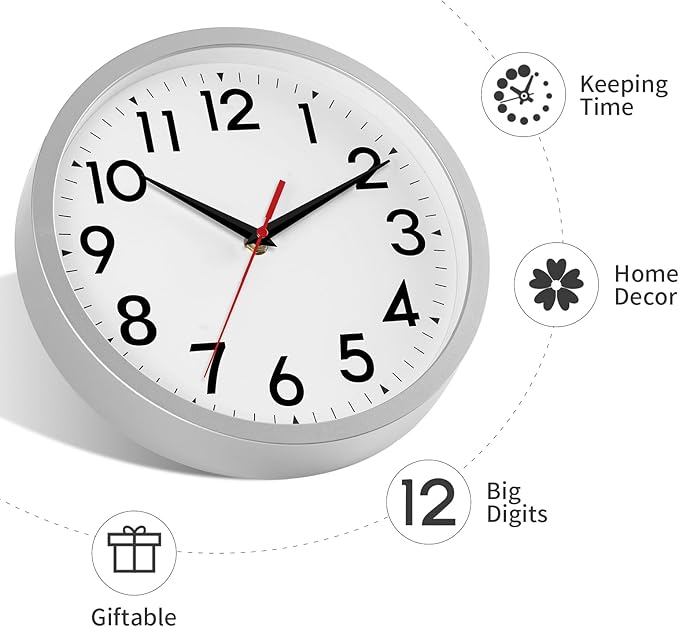 12 Inch Wall Clock Battery Operated Silent Non Ticking Analog Modern Decorative for Office Kitchen Outdoor Living Room Classroom Bedroom Bathroom School(Silver)