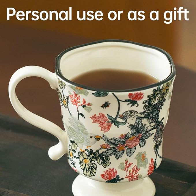 360ml -12.17oz Painted Floral & Bird Ceramic Mug - Cute Coffee Cup for Latte, Espresso - Gift for Women, Dishwasher Safe-Ruum Studio Home