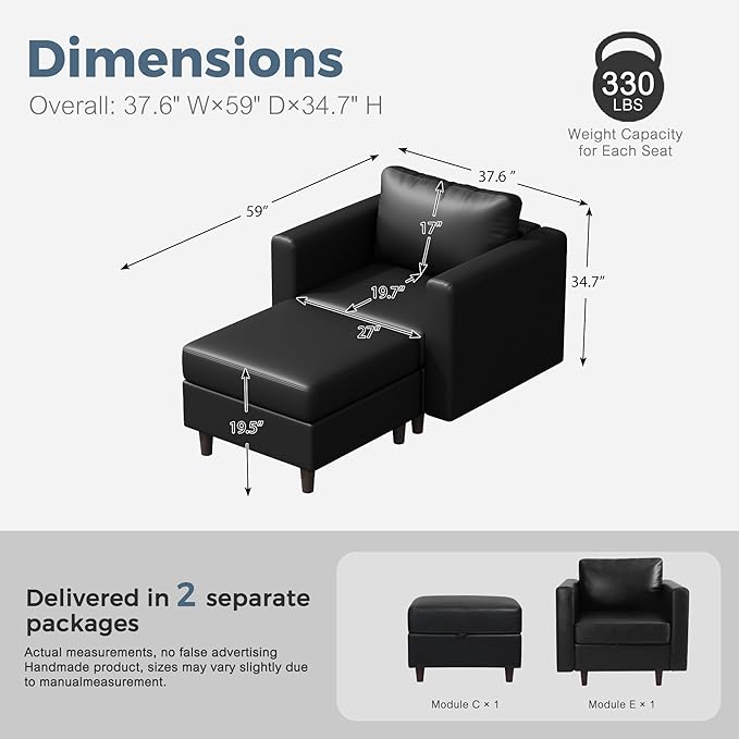 Faux Leather Single Sofa with Storage Ottoman, Modern Accent Chair Deep Seat Large Reading Armchair, Chaise Lounge Chair for Living Room Bedroom Office Black-Ruum Studio Home