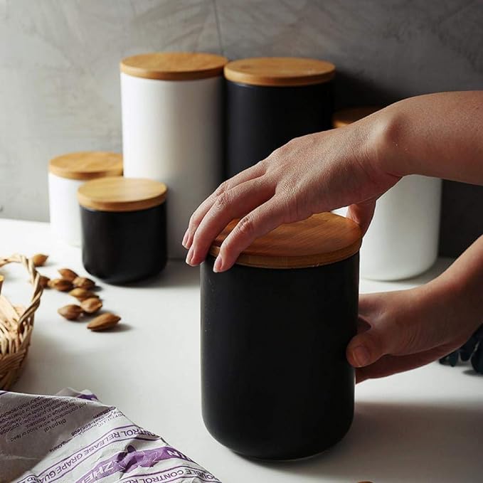 Ceramic Food Storage Jar Canister Modern Design Food Canisters with Airtight Seal Bamboo Lid, Loose Tea Coffee Spice Nuts Snacks Storage Jar Canister (Black 8.79oz/260ml)-Ruum Studio Home