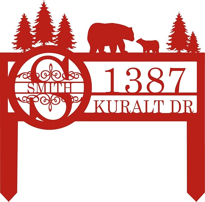 Personalized Custom Bear Wildlife Decor with Metal Stake - Address House Number Name Sign for Farmhouse, Yard, Camping-Ruum Studio Home