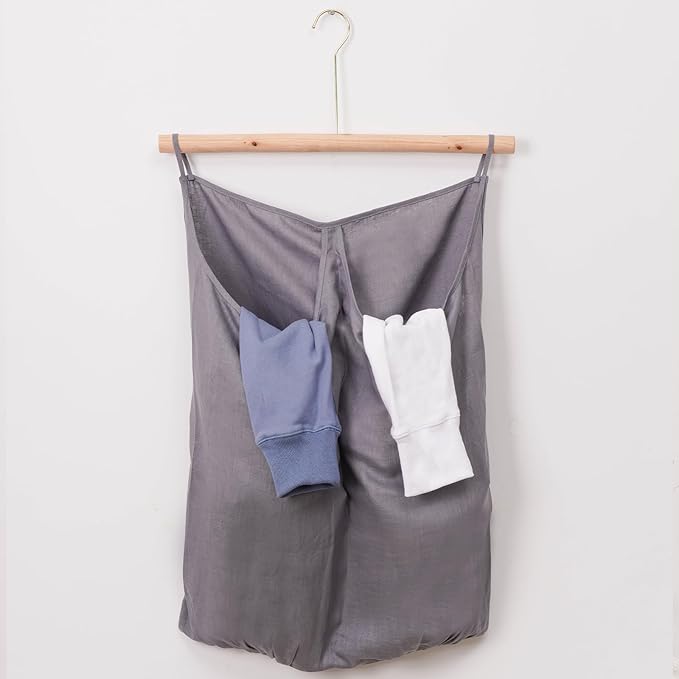 100% Pure Linen Dual Hanging Laundry Bag with 2 Deep Pocket and 2 Side Zipper 20x27in, Over The Door Laundry Hamper Space Saving Hampers for Dirty Clothes Home Travel, Grey-Ruum Studio Home